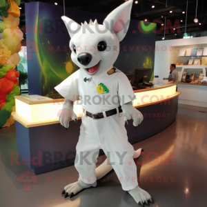White Fruit Bat mascot costume character dressed with a Polo Tee and Earrings