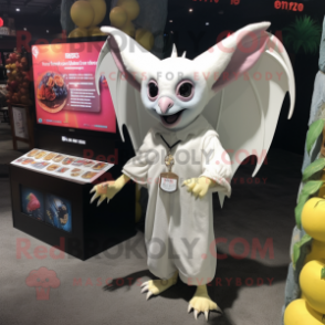 White Fruit Bat mascot costume character dressed with a Polo Tee and Earrings