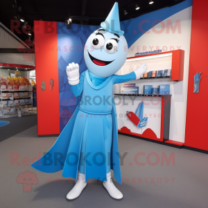 Sky Blue Knife Thrower mascot costume character dressed with a A-Line Dress and Pocket squares