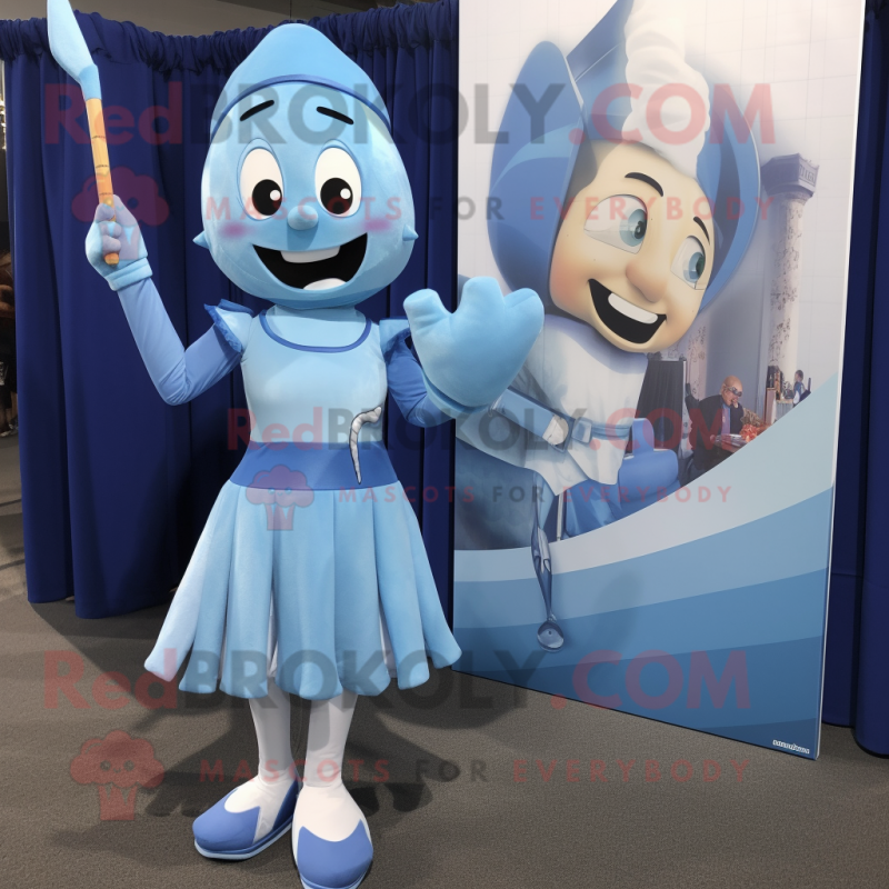 Sky Blue Knife Thrower mascot costume character dressed with a A-Line Dress and Pocket squares