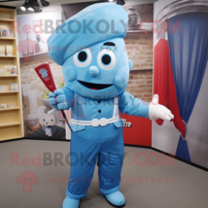 Sky Blue Knife Thrower mascot costume character dressed with a A-Line Dress and Pocket squares