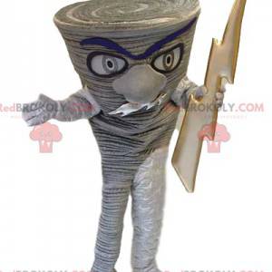 Gray tree trunk mascot with a golden lightning bolt -