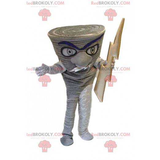 Gray tree trunk mascot with a golden lightning bolt -