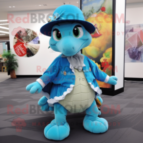 Sky Blue Turtle mascot costume character dressed with a Skirt and Hat pins