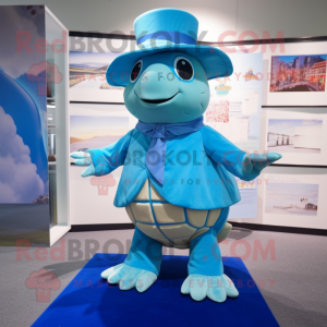 Sky Blue Turtle mascot costume character dressed with a Skirt and Hat pins