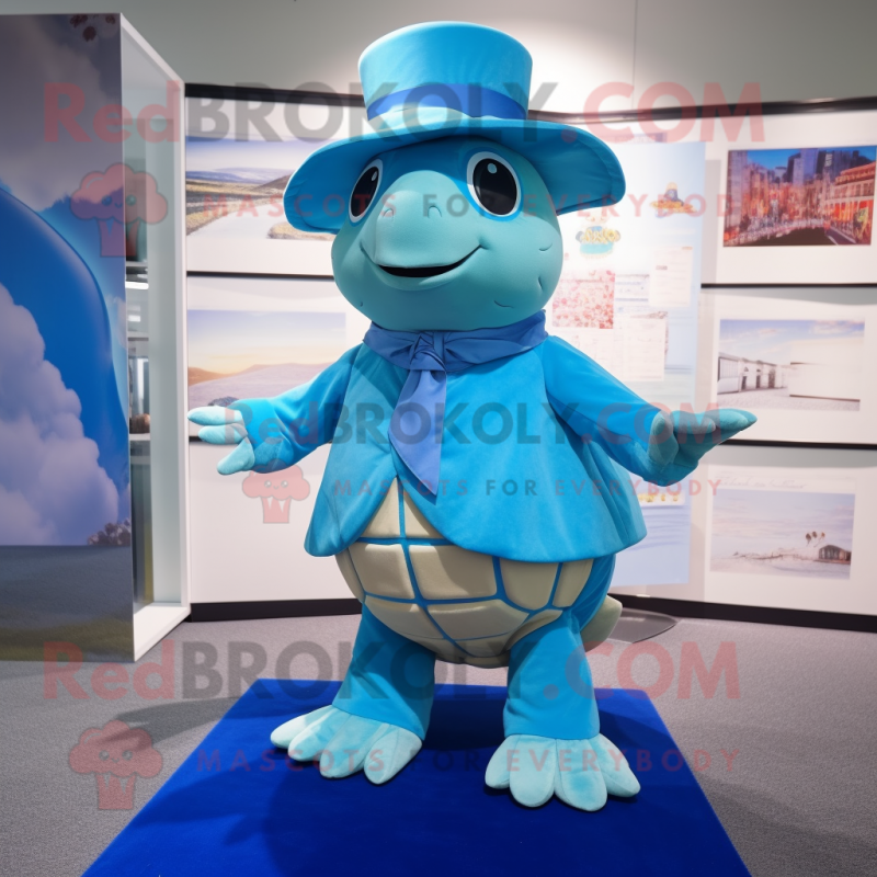 Sky Blue Turtle mascot costume character dressed with a Skirt and Hat pins Sky Blue Turtle mascot costume character dressed with a Skirt and Hat pins
