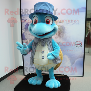 Sky Blue Turtle mascot costume character dressed with a Skirt and Hat pins