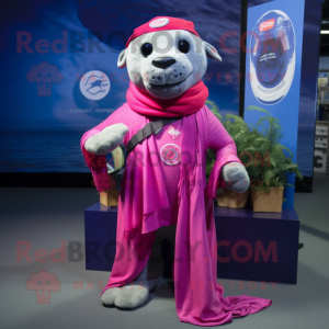 Magenta Navy Seal mascot costume character dressed with a Rash Guard and Scarf clips