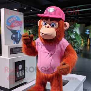 Pink Orangutan mascot costume character dressed with a Tank Top and Hats