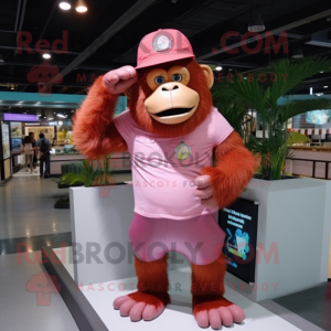 Pink Orangutan mascot costume character dressed with a Tank Top and Hats
