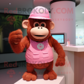 Pink Orangutan mascot costume character dressed with a Tank Top and Hats