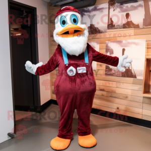 Maroon Swans mascot costume character dressed with a Dungarees and Mittens