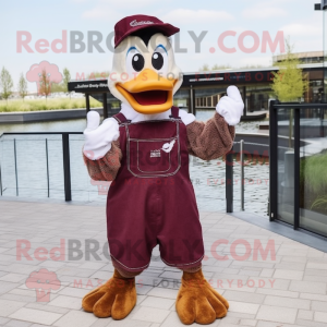 Maroon Swans mascot costume character dressed with a Dungarees and Mittens