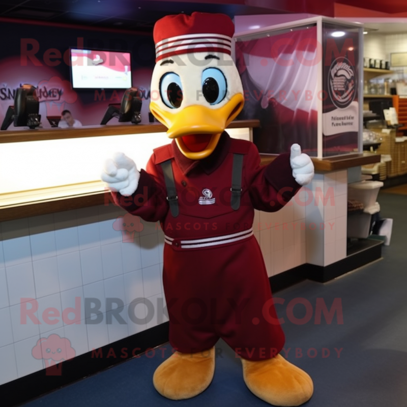 Maroon Swans mascot costume character dressed with a Dungarees and Mittens