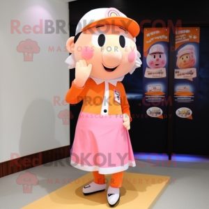 Peach Sow mascot costume character dressed with a Pencil Skirt and Berets