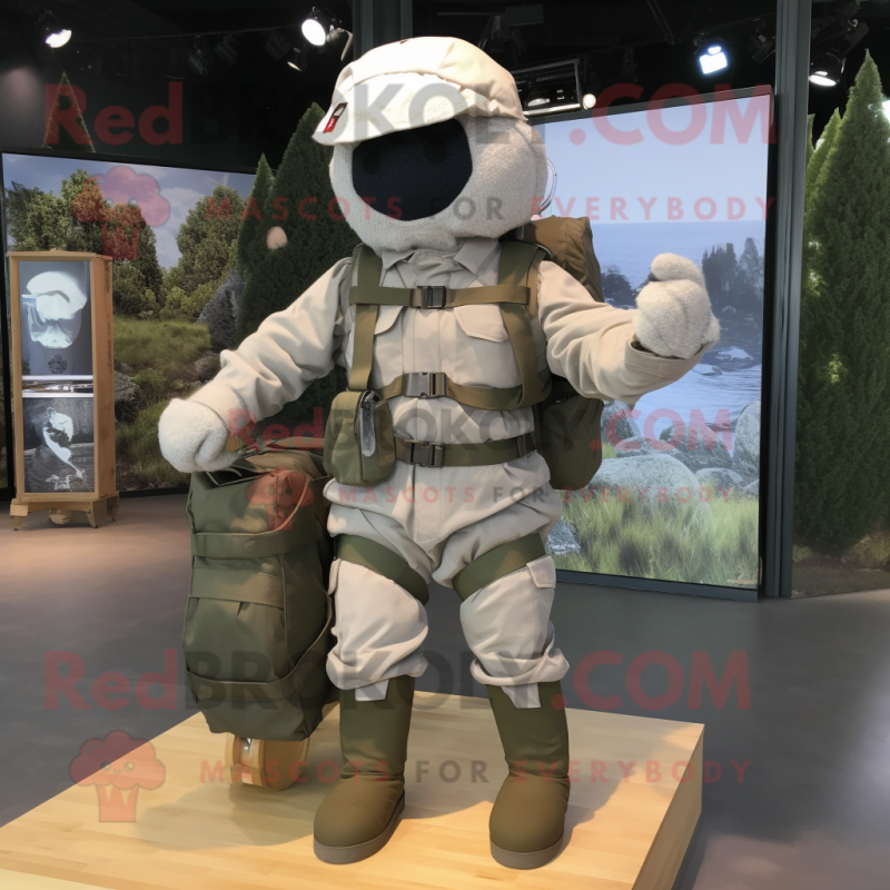 Gray Para Commando mascot costume character dressed with a Cargo Shorts and Cummerbunds Gray Para Commando mascot costume character dressed with a Cargo Shorts and Cummerbunds