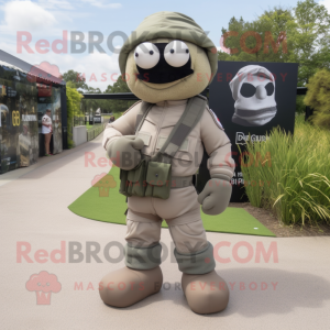 Gray Para Commando mascot costume character dressed with a Cargo Shorts and Cummerbunds