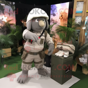 Gray Para Commando mascot costume character dressed with a Cargo Shorts and Cummerbunds