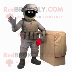 Gray Para Commando mascot costume character dressed with a Cargo Shorts and Cummerbunds
