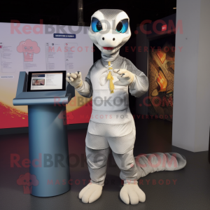 Silver Python mascot costume character dressed with a Culottes and Smartwatches