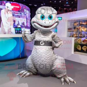 Silver Python mascot costume character dressed with a Culottes and Smartwatches