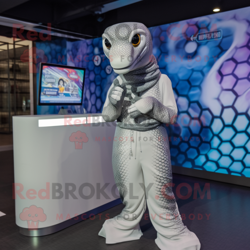 Silver Python mascot costume character dressed with a Culottes and Smartwatches Silver Python mascot costume character dressed with a Culottes and Smartwatches