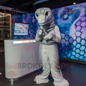 Silver Python mascot costume character dressed with a Culottes and Smartwatches