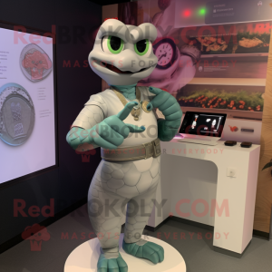 Silver Python mascot costume character dressed with a Culottes and Smartwatches