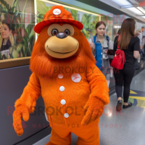 Orange Orangutan mascot costume character dressed with a Mini Skirt and Berets