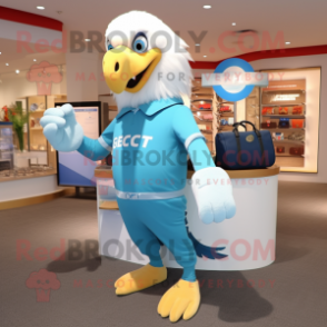 Sky Blue Bald Eagle mascot costume character dressed with a Capri Pants and Messenger bags