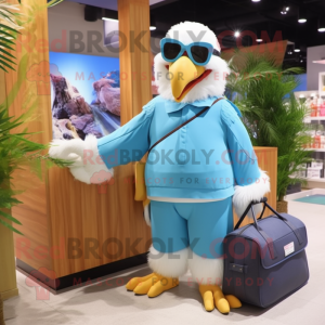 Sky Blue Bald Eagle mascot costume character dressed with a Capri Pants and Messenger bags