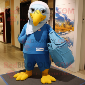 Sky Blue Bald Eagle mascot costume character dressed with a Capri Pants and Messenger bags