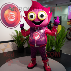 Magenta Tomato mascot costume character dressed with a Moto Jacket and Rings