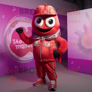 Magenta Tomato mascot costume character dressed with a Moto Jacket and Rings