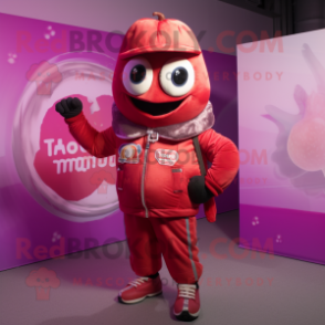 Magenta Tomato mascot costume character dressed with a Moto Jacket and Rings