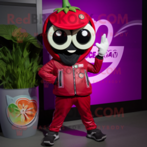 Magenta Tomato mascot costume character dressed with a Moto Jacket and Rings