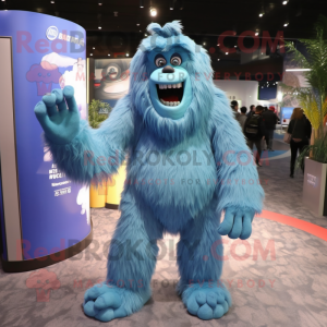 Blue Sasquatch mascot costume character dressed with a Evening Gown and Backpacks