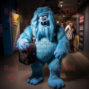 Blue Sasquatch mascot costume character dressed with a Evening Gown and Backpacks