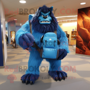 Blue Sasquatch mascot costume character dressed with a Evening Gown and Backpacks