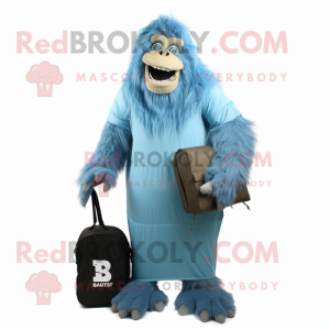 Blue Sasquatch mascot costume character dressed with a Evening Gown and Backpacks