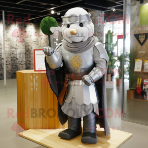 Silver Medieval Knight mascot costume character dressed with a Flannel Shirt and Shawls