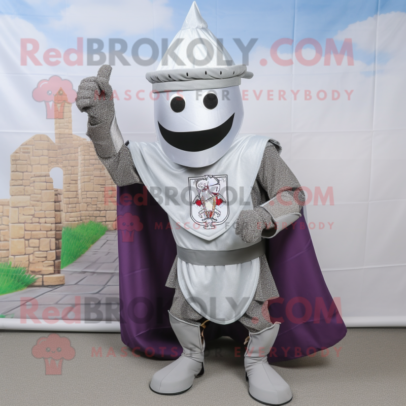 Silver Medieval Knight mascot costume character dressed with a Flannel Shirt and Shawls