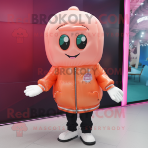 Peach Jellyfish mascot costume character dressed with a Bomber Jacket and Gloves