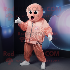 Peach Jellyfish mascot costume character dressed with a Bomber Jacket and Gloves