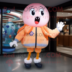 Peach Jellyfish mascot costume character dressed with a Bomber Jacket and Gloves