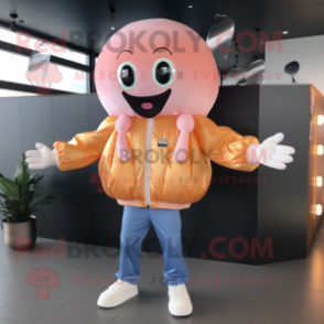 Peach Jellyfish mascot costume character dressed with a Bomber Jacket and Gloves