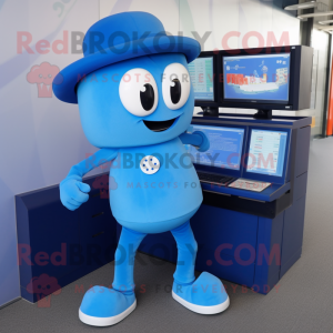 Blue Computer mascot costume character dressed with a Shorts and Lapel pins
