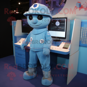 Blue Computer mascot costume character dressed with a Shorts and Lapel pins