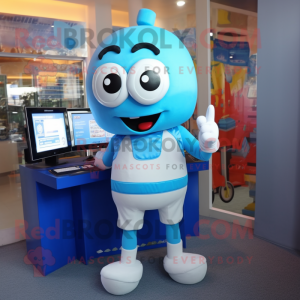 Blue Computer mascot costume character dressed with a Shorts and Lapel pins