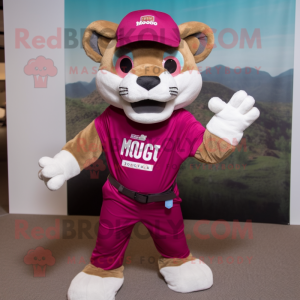 Magenta Mountain Lion mascot costume character dressed with a T-Shirt and Cummerbunds